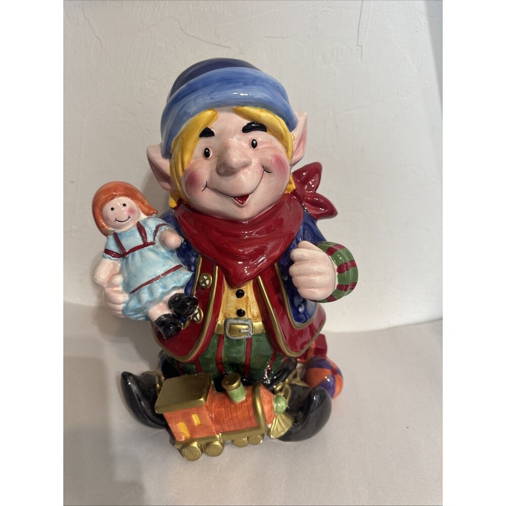 Signature Home Collection Ceramic Elf Holding Doll and Train Figurine 11 Inch